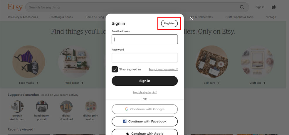 Etsy Marketplace register
