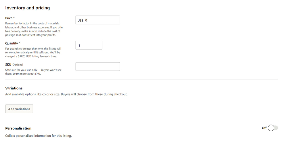 Etsy Marketplace listing pricing